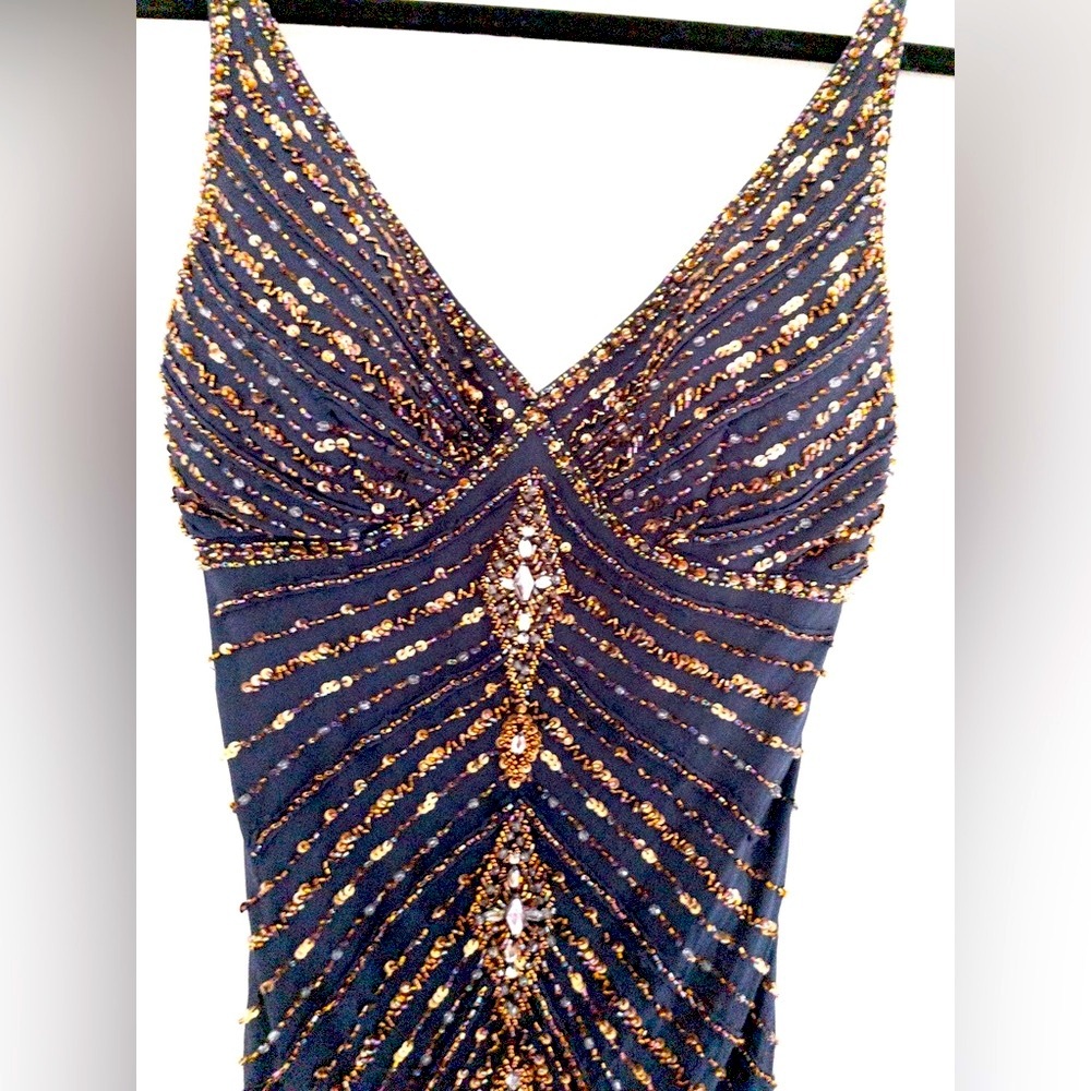 Vintage 90s Sue Wong Nocturnals Beaded Sequin Flapper Dress Navy Fringe Size 8 - Picture 7 of 13